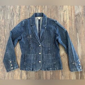 Christopher & Banks Blue Denim Jean Jacket Womens Med 2006 Raised Floral Design